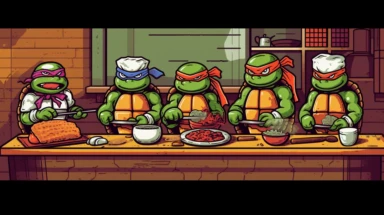 retro teenage mutant ninja turtles wearing chef hats while making sushi clipart, cartoon, color, dark outlines full body shot