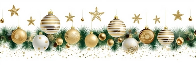 Christmas whithe with bokhe background, festive horizontal border. Golden bell. Assorted ornaments, green gold glass balls, stars, snowflakes, fir tree twigs, candy cane. Winter holiday clip art. Seasonal decor