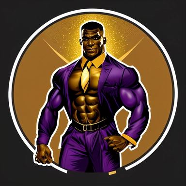clipart image, logo, African American, bodybuilder, gold necklace, purple and gold gym suit