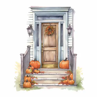 watercolor and colored pencil illustration of a quaint front door at halloween, highly detailed, realism, isolated on white background, high resolution clipart