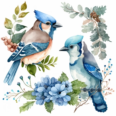 Watercolor Cute Couple Blue jay bird Clipart ,White background