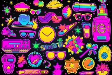 Retro 80s 90s clipart set. Neon colors y2k fashion patch, badge, emblem, stickers.