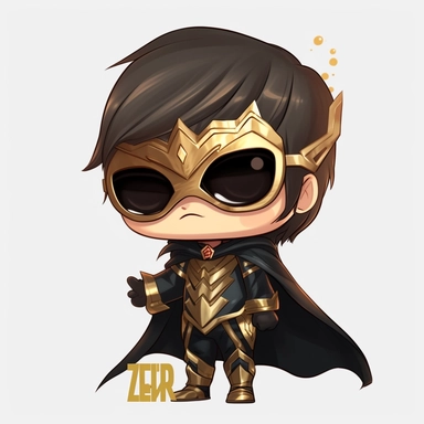 zeeb labs art style boy, super hero, tiny chibi body with gold suit, crown, Mask, smerk, super long cape, clipart, sticker, no background, hd