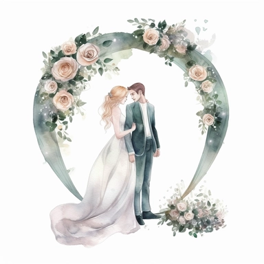 a romantic couple under fairy dream wedding arch, white roses, watercolor Wedding Day Clipart, hd, isolated on white background,