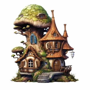 the most beautiful fairy house carved from an oak trunk, clipart, white background, sharp image, ultradetails