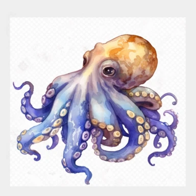 watercolor, Octopus has a glittering blue and gold body. png Full body realistic cartoon in 32K UHD cute. 15 cm thick outline. There was no shadow on the ground. 8k with realistic watercolors and detailed illustrations. PNG clipart, transparent white back