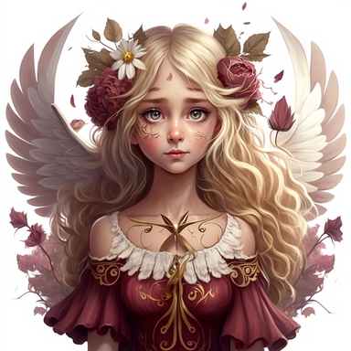 lilly stone, beautiful fairy with wings, 10 year old girl with long blonde wavy hair, burgundy dress, big eyes, BENTE SCHLICK style illistration, sparklecore, flowers, hyper detailed, white background, mid shot, clipart