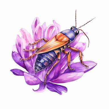 Fantasy Style Cricket Bug with watercolor effect,suitable for digital cliparts,white background,Purple saffron flowers,Saffron,