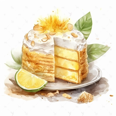Watercolor clipart of Durian Ice Cream Cake: Make a no-bake cake by layering Durian ice cream between layers of crumbled graham crackers and topping with whipped cream and Durian pieces, intricate details, vector, hyperrealistic, white background, no splashes, no text, no watermark