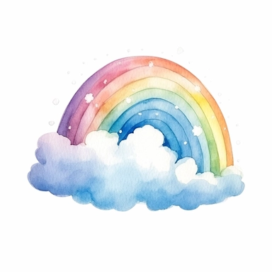 Watercolor cute cartoon rainbow with cloud drawing, illustration clipart, high detailed, white background, digital art
