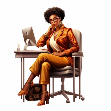 african american lady boss wearing fashionable bold clothes, sitting at the desk and working on the computer, realistic illustration, clipart, isolated on white background, 4K