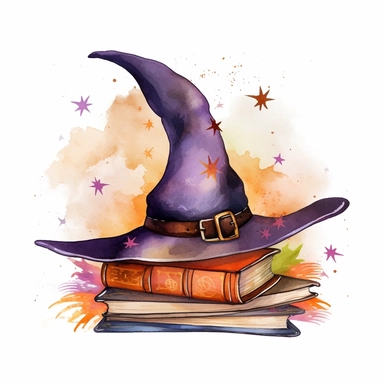 Witch Hat and Magic Book Watercolor Sublimation Clipart, Clipart, white background, no watermark, no text, no word,