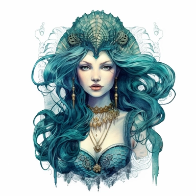 gothic style overrealistic beautiful mermaid in turqouise and sea blue color with watercolor effect,gold details,suitable for digital clipart,white background, no physical deformation, realistic features,royality fashion, space out, ultra sharp, 4K