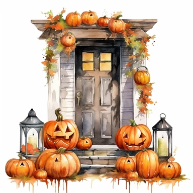 Watercolor style, halloween porch decorated with halloween pumpkins and other decorations, clipart, isolated on white background, detail, high quality, high resolution