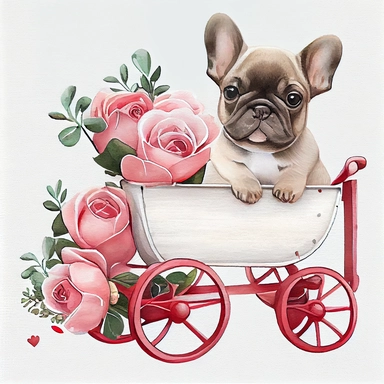 Cute french bulldog Puppy valentine, heart wagon, blush tones, Lilla Rogers agency, watercolor, roses, cupid, fairytale, folkart, clipart, white background