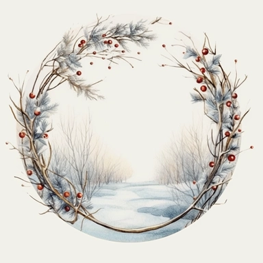 stunning christmas frame made of snowy branches , beautiful Christmas clipart, soft faded colors, beautiful watercolor art by Marjolein Bastin, Thomas Kinkade, Carl Larsson, Norman Rockwell, Susan Wheeler