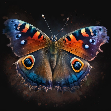 Watercolor clipart on a black background of a vibrant Peacock butterfly, with its mesmerizing eyespots and striking colors