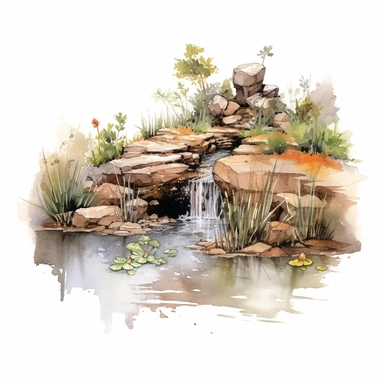 watercolor pond, clipart, in the style of plein air scenes, white background, waterfall from rocks, insects, cattails, wildlife, darker browns and realistic colors