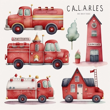 watercolor clipart of a cute red fire station , different lateral standing poses, cute cartoon vehicle, pastel