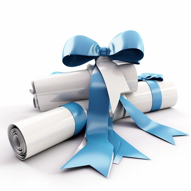 Modern looking 3D graduation clipart, diplomas and certificates tied with blue bows, single design, white background