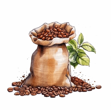 Create individual watercolor clipart images of a vintage café spring coffee beans in a bag