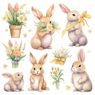 A heartwarming and enchanting collection of watercolor bunny holding flowers clipart, featuring adorable hand-painted bunnies lovingly cradling bouquets of lush flowers. Each bunny is rendered in soft, natural hues that showcase their delightful expressio