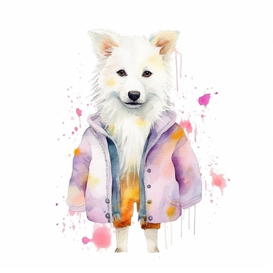 a cute clipart,unique outfit , different breed , full body , unique pose, unique outfit , white background , watercolors image, unique and vibrant , no other elements, clean shapes ,center and middle, cute