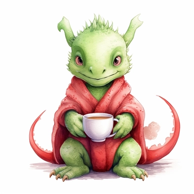 cute funny avocado green dragon, red cardigan, coffee, cute nursery painting, style by Lucy Fleming, watercolor, smooth gradients, black contour outline, ultra detailed, clipart elements, delicate pastel colors, solid white background, super clear, high quality