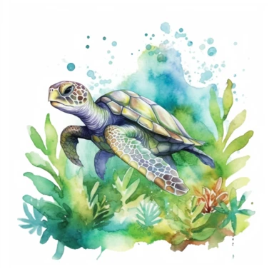 Watercolor turtle in rainforest clipart, for childish cards, illustration style, on white background, detailed, hd