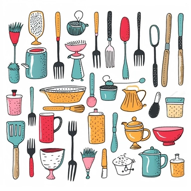 Hand-drawn colorful clipart of vintage American utensils on a white background. Features a retro aesthetic with a touch of whimsy. Perfect for restaurant menus, cookbooks, or food blogs. Includes fork, knife, spoon, and other utensils. Illustrations are high-quality and can be easily resized without losing quality.