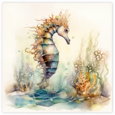 Clipart on a white background cute sea horse swimming underwater landscape, a watercolor drawing, detailed drawing, scrapbooking page, soft faded colors, watercolor painting, hyperrealistic, well rendered, old faded light colors, very vibrant, cinematic, intricate, by Thomas Kinkade