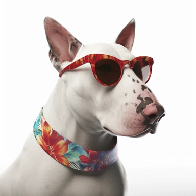 A hyper-realistic Bull Terrier wearing a stylish Hawaiian shirt and cool sunglasses, depicted on a white background in a clip art style. Cinematic, hyper-detailed and insanely detailed, the image is beautifully colored with the help of the Unreal Engine. The depth of field (DOF) effect enhances the visual impact, while the super resolution and high megapixel count ensure exceptional image quality. Lighting is rendered with cinematic precision, incorporating anti-aliasing techniques like FXAA, TX