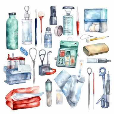 watercolor doctor related scenes and medical devices or tools , illustrations clipart set, simple, , cartoon elements ,different variants , glucometer, insulin syringe, nurse, doctor, stethescope, weighing scale, tweezers, microscope, ambulance, , separate elements with a margin, ,4k, high resolution