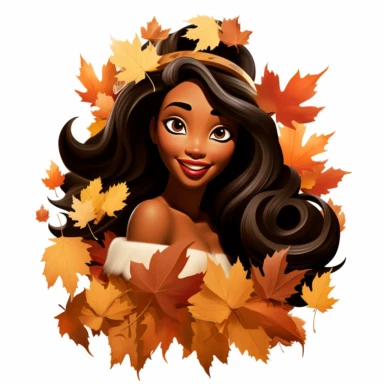 A princess pocahontas from Disney franchise sneaking out her head out of maple leaves stack, so many maple leaves in the center of the image,smiling, halloween, pixar style, clipart, white background , fall scene, swag cut