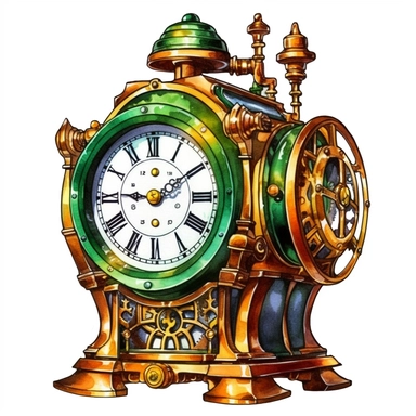 watercolor steampunk clock image, steampunk, intense colors, luxurious, victorian, clipart, watercolour, emerald steampunk style wizard of oz zeppelin, wizard of oz steampunk style vibes and theme, white background, detailed