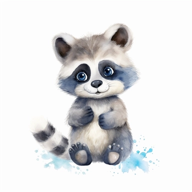 a harmonious baby raccoon with kind eyes clipart with watercolor illustration,full body shot,8k,etsy style, white background