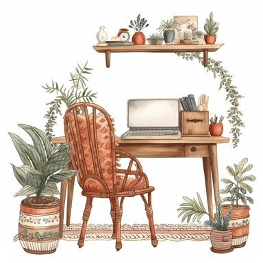 cozy boho desk, inside border clipart