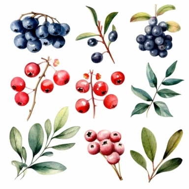 Watercolor collection with isolated snowberry cliparts, winter berries and collected wreath out branches. Illustration, new year decor, christmas clipart for your design