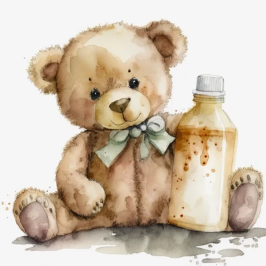 Watercolor brown fluffy jointed plain Teddy Bear with a milk bottle, clipart, happy, white background, no captions or text