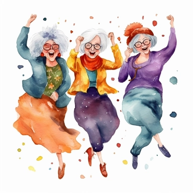 watercolor, clipart, cartoon style, funny old ladies dancing