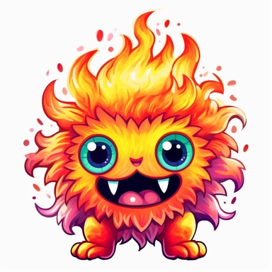 whimsical kawaii chibi fluffy colorful fire monster with big eyes, big teeth and demon tail, cartoon clipart on white background with margins, Psychedelic, watercolor, icon, sticker, vivid colors, full colors, and details, 32k, 3d