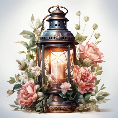 hyperrealistic ultra detailed watercolor clipart, floral fantasy lantern with a candle lit, white background, in the style of digital print, clipart, illustration, sticker, ultra high definition, rich details, 32K, HD