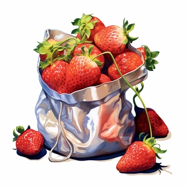one clipart bag of strawberries on a white background, in the style of wlop, southern countryside, collage-oriented, sterling silver highlights, colorful caricature, emotionally-charged brushstrokes, hyper-realistic animal illustrations, no watermark, text, words, paintbrush, 300 DPI, typography, the images do not stick together, no text in the picture