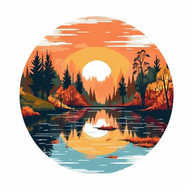 A serene lake surrounded by trees adorned with autumn foliage ,vector style graphic, positive vibe, clipart, single design, white background.