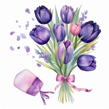 Birthday violet tulip bouquet watercolor design clipart