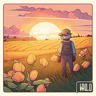 A clipart, A field of crops with a country sunset in the background only one clipart, white background, vibrant colors, cartoon,style ghibli, style dofus hand drawn, detailled, watercolor