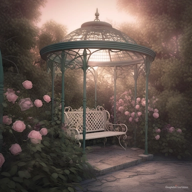 deep colors, fantasy rose evening garden with antique wrought iron bench and gazebo, soft pink and green and khaki colors, romantic, clipart style, shabby chic, ethereal, fantasy, 8k, photo realistic, sharp focus, high precise detail, transparent background, (--iw 15)