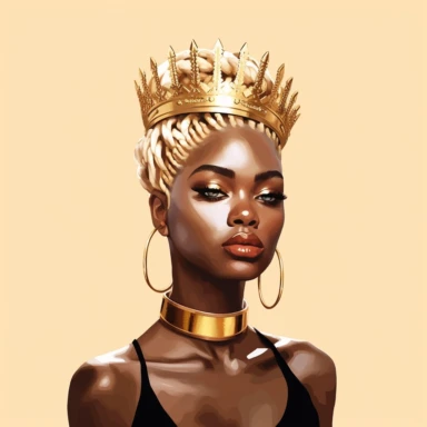 black dark-skin women with blonde dreadlocks hair wearing a golden crown staring straight forward with big shiny lips clip art - <@1109865557370617876> (fast)