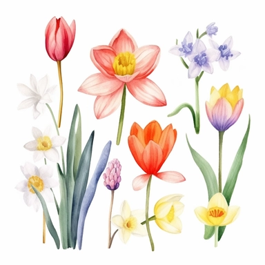 Blooming flowers: Tulips, daffodils, cherry blossoms, crocuses, and hyacinths. Watercolour Clipart, minimalist, isolated white background, 8k , high quality
