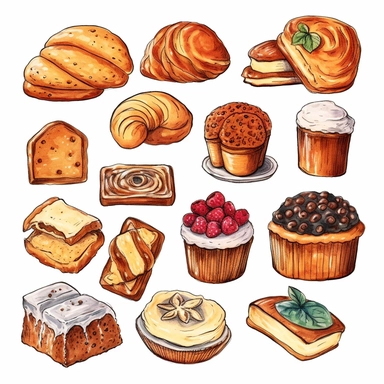 baked goods clipart set, color hand drawn illustration, isolated image white background